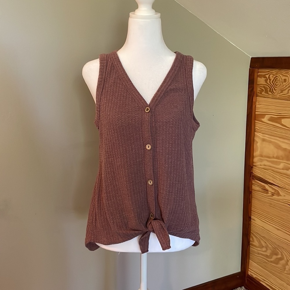 Amazon Purple Sleeveless Waffle Knit Button Up Knot Tank Small